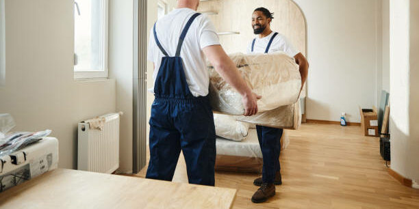 Two happy workers cooperating while carrying furniture into a new apartment.
